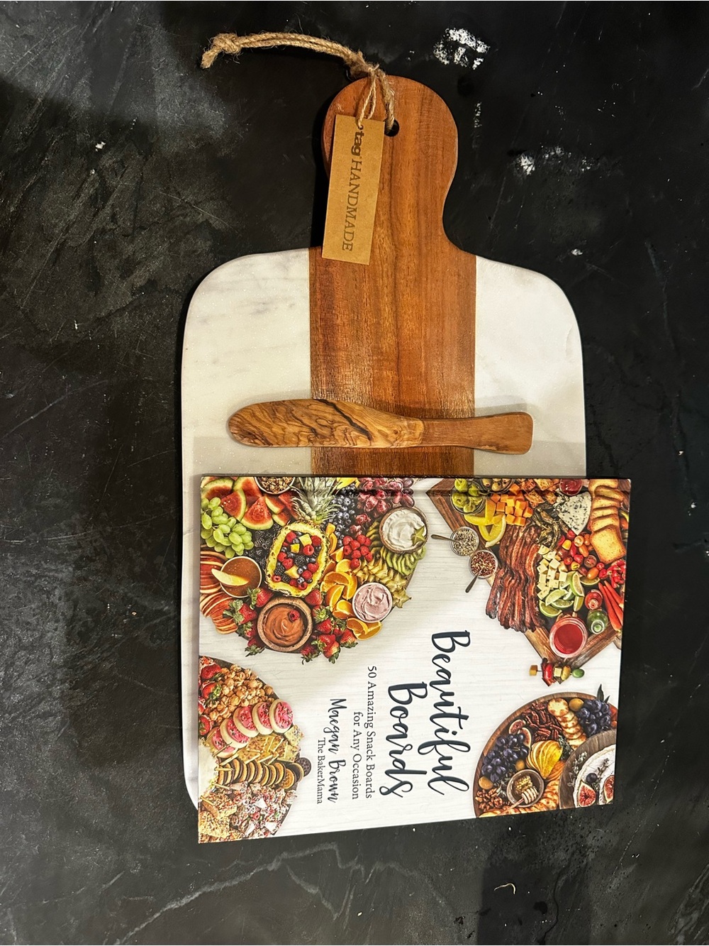 Handmade Wood & White Marble Serving Board with Spreader - White and Brown
